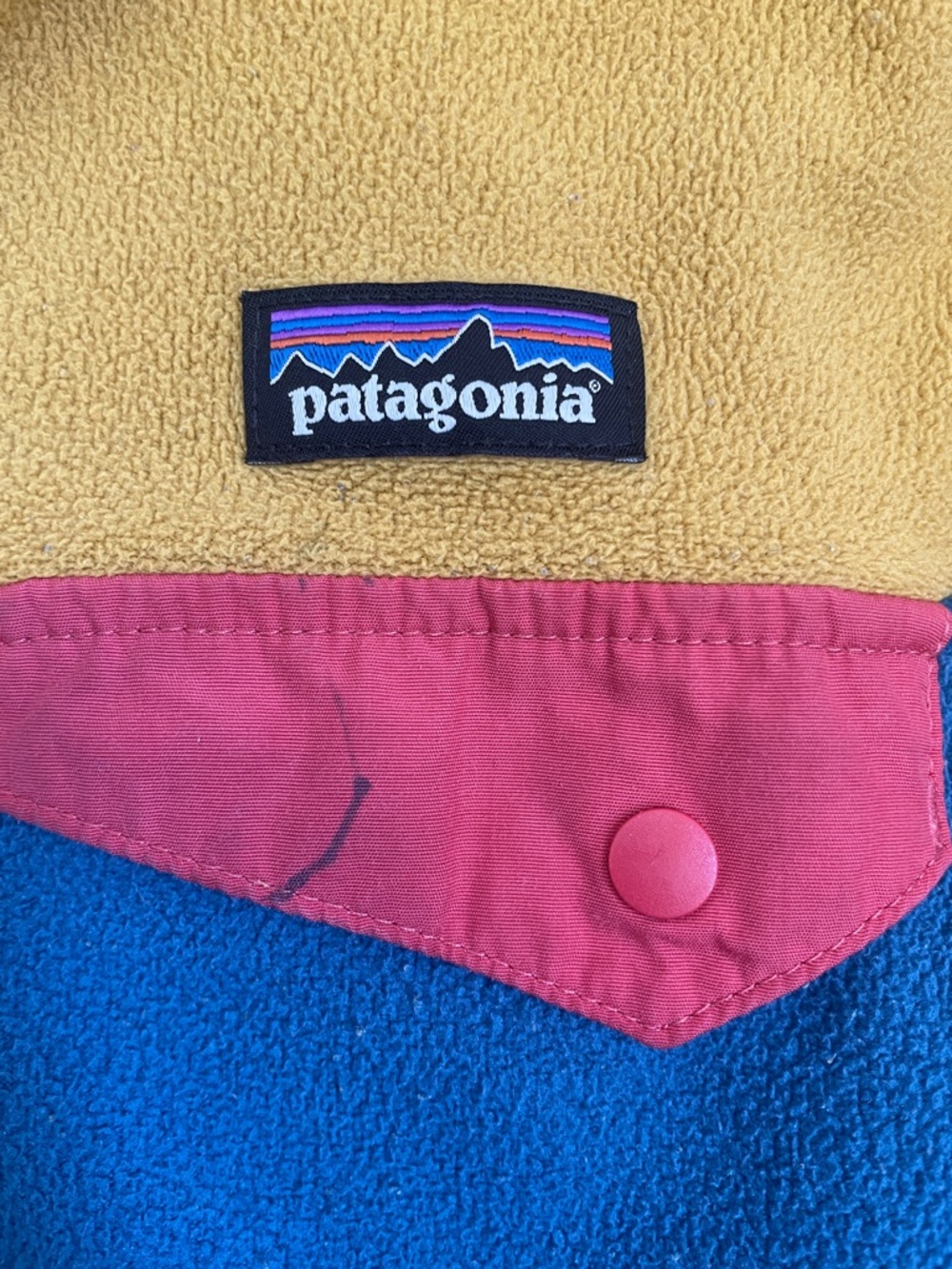 Patagonia Colorblock Fleece Hoodie in Mustard, Blue & Pink Accent - Picture 4 of 6